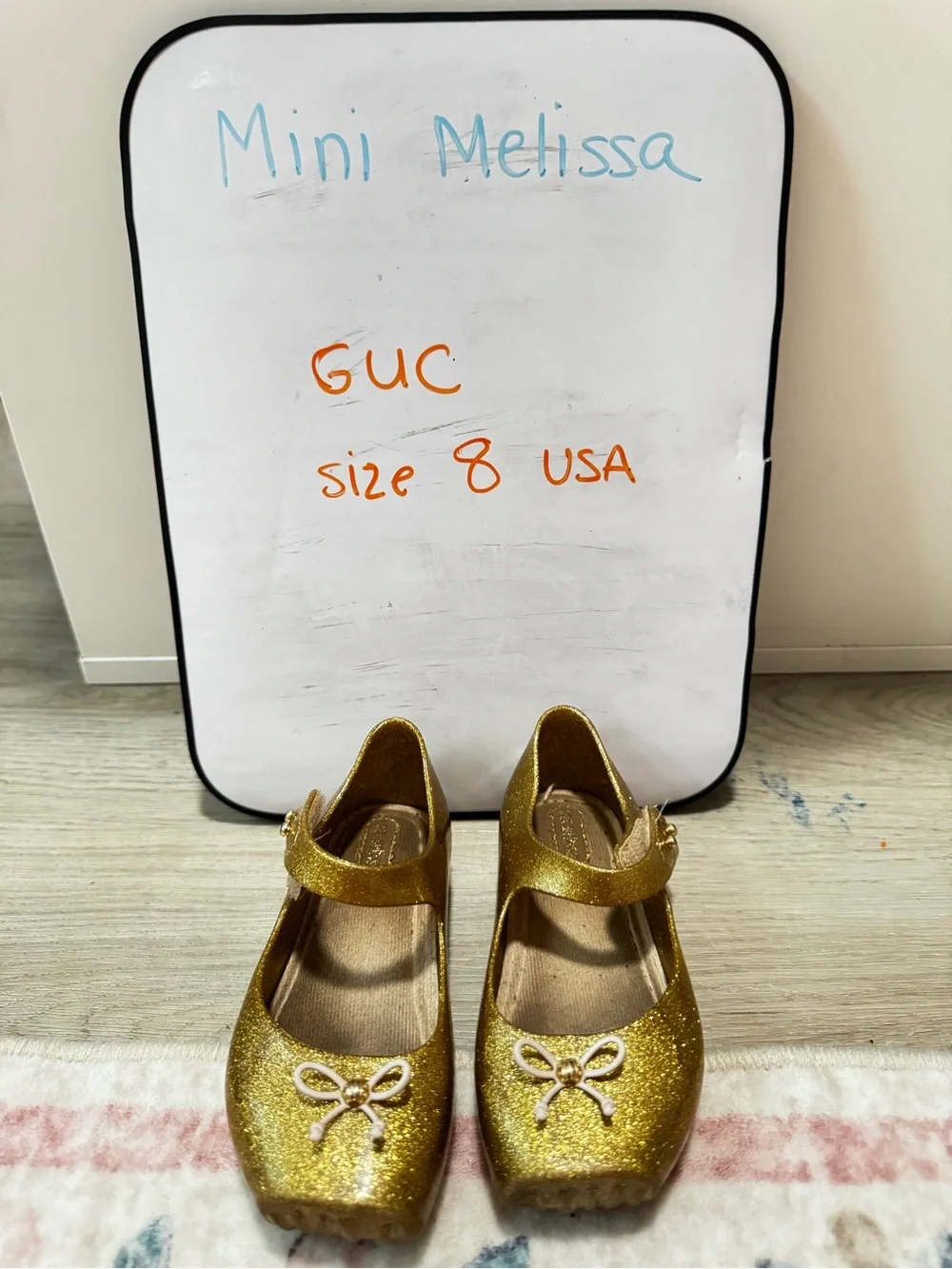 Mini Melissa Girls' Gold Glitter Mary Jane with Bow Accent